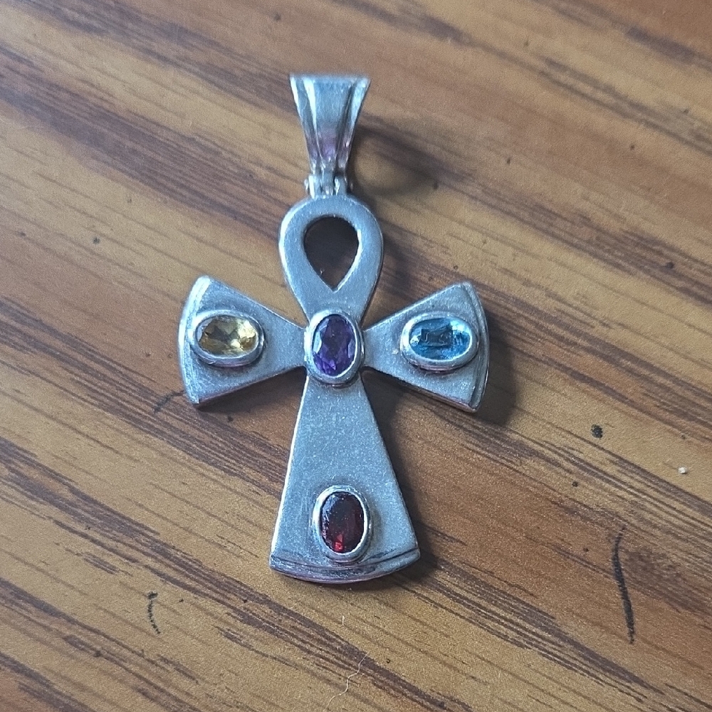 QVC Silver Ankh Necklace with Multicolor Gemstones
